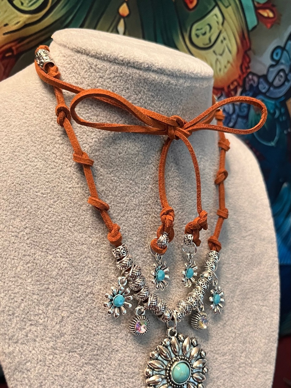 Bohemian Suede Corded “Desert Moon” Sunflower Handmade Necklace - Picture 4 of 8